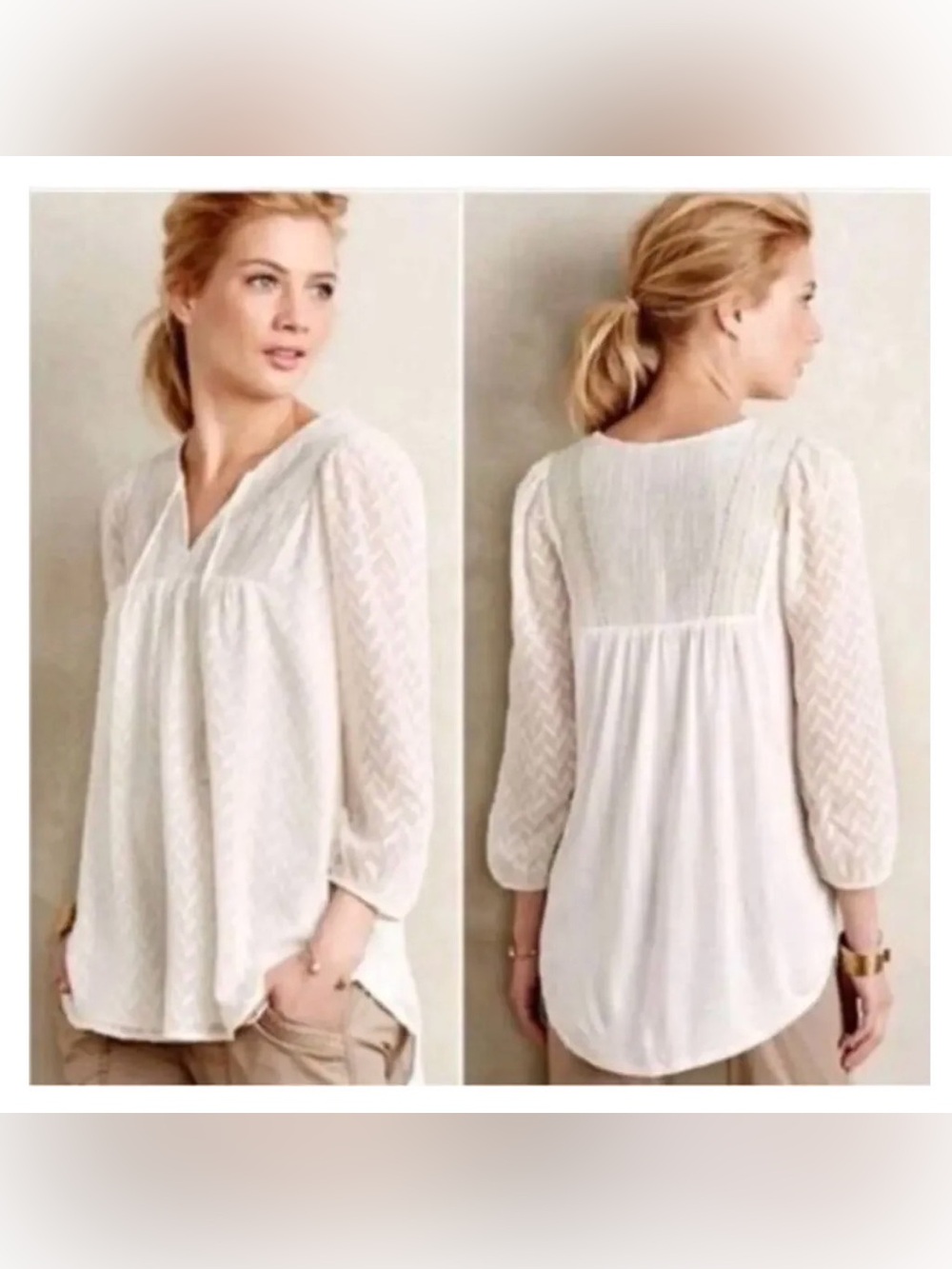 Anthropologie One September Attylie Cream Lace-Textured V-Neck Blouse size M